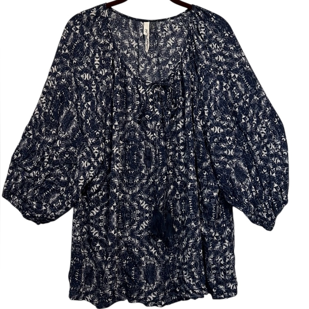 NWT 1X NY Collection Blue and White Print Boho With Tassels